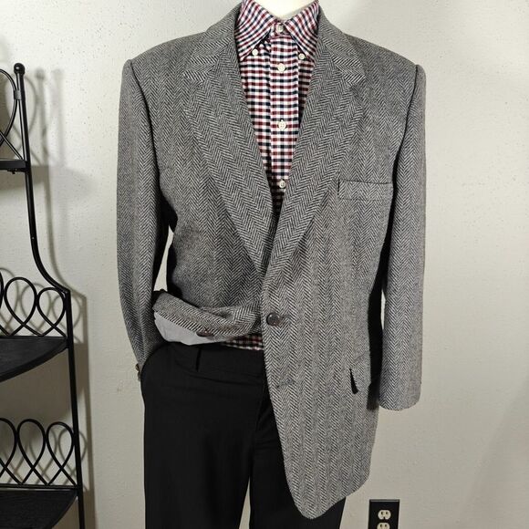VTG Farah Men's Tweed Sport Coat Blazer Two Button Herringbone Poly Wool GRY 46R